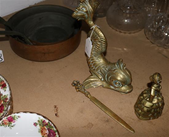 Brass serpent door stop, copper pans etc